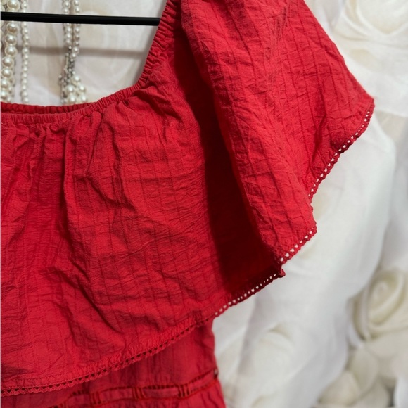 Lucy Paris Tiered Midi Dress Size Small Red Off the Shoulder Peasant Boho - Picture 9 of 10